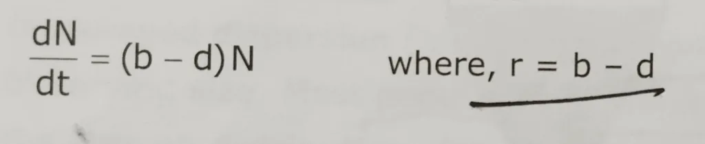 r is defined as the per capita birth rate (b) minus the per capita death rate (d).