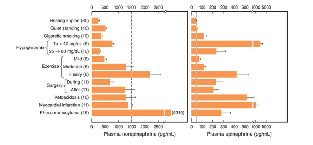 Comparative study between catecholamines, secreted from adrenal medulla in human venous blood in different physiological and pathological conditions