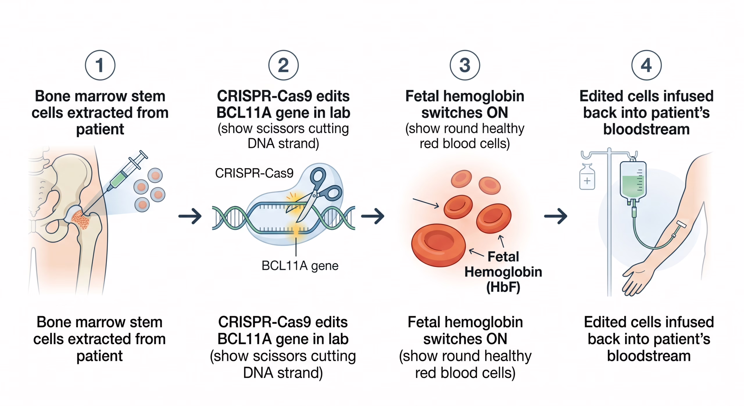 Diagram showing how CRISPR-based therapy Casgevy treats sickle cell disease by reactivating fetal hemoglobin in stem cells